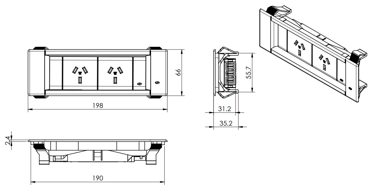 Thick Panel Bracket - DOUBLE GPO (Non - External Switching) - The Softwiring Shop - Electrical Soft Wiring