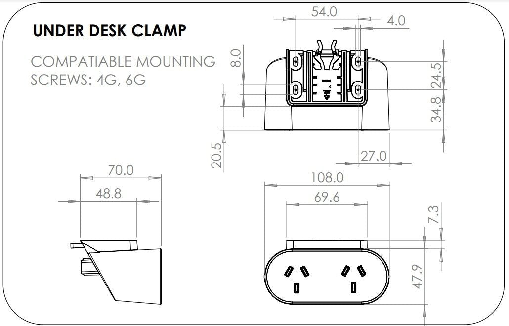 Undermount Rail - NOVA DUO: 2 (Two) GPO with 1000mm Tag Lead and D Splitter - The Softwiring Shop - Electrical Soft Wiring