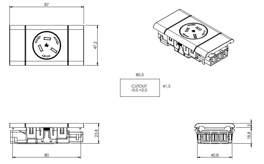 1 (Single) GPO Module with ROTATING FACE - The Softwiring Shop - Electrical Soft Wiring