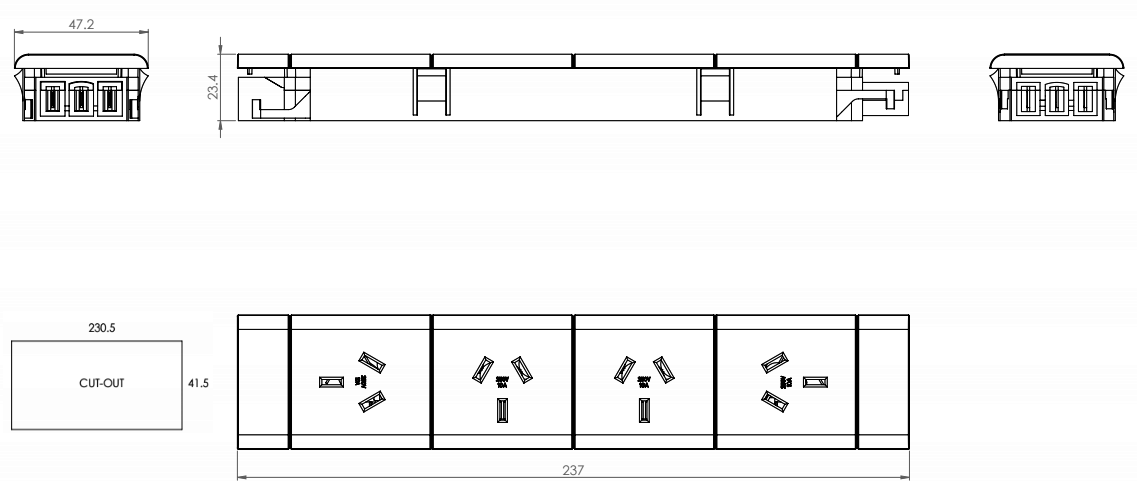 4 (Quad) GPO Module - ROTATED END GPO'S including GPO Clip for the Cable Basket - The Softwiring Shop - Electrical Soft Wiring