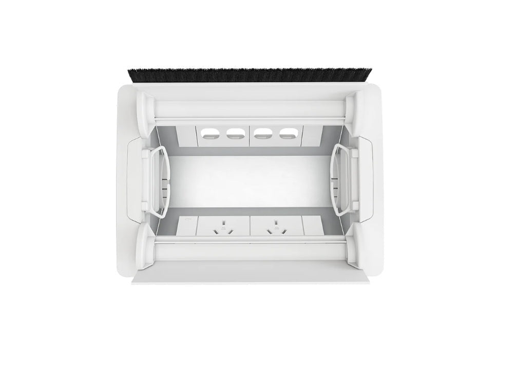 In - Desk Box - ACCEDE: Dual Lid, 2 (Double) GPO'S & 4 (Quad) Data Ports - The Softwiring Shop - Electrical Soft Wiring