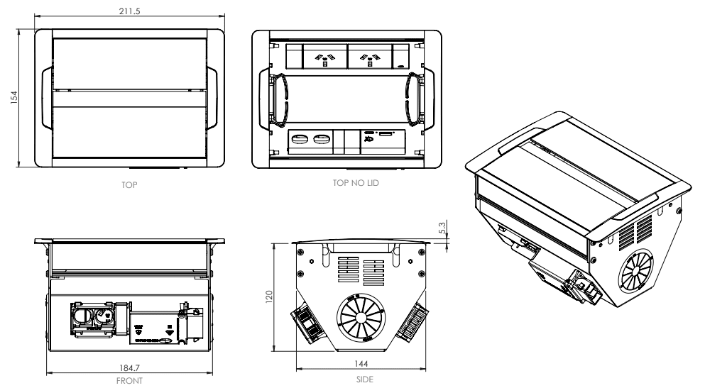 In - Desk Box - ACCEDE: Dual Lid, 2 (Double) GPO'S, USB A/C (65W) Fast - Charging Outlets & 2 (Two) Data Ports