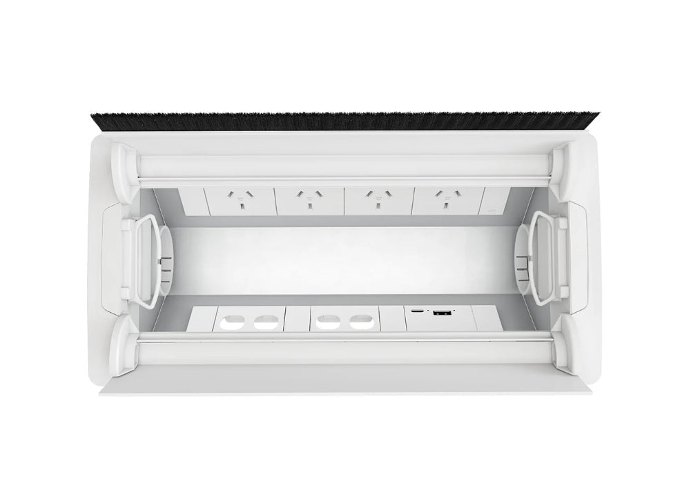 In - Desk Box - ACCEDE: Dual Lid, 2 (Double) GPO'S, USB A/C (65W) Fast - Charging Outlets & 2 (Two) Data Ports