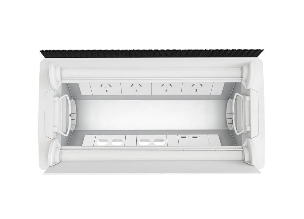 In - Desk Box - ACCEDE: Dual Lid, 2 (Double) GPO'S, USB A/C (65W) Fast-Charging Outlets & 2 Data Ports - The Softwiring Shop