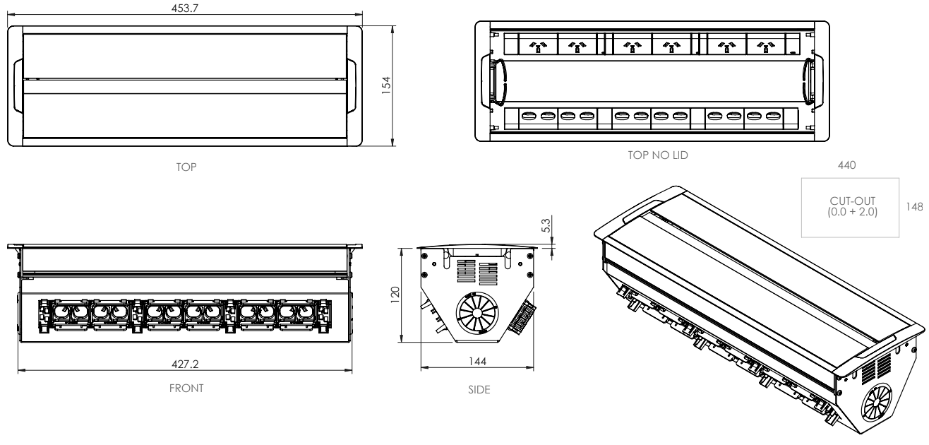 In - Desk Box - ACCEDE: Dual Lid, 6 (Six) GPO'S & 12 (Twelve) Data Ports - The Softwiring Shop - Electrical Soft Wiring