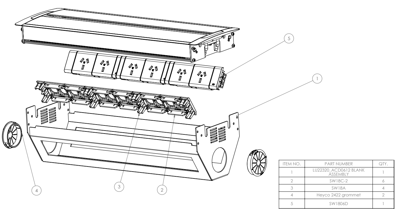 In - Desk Box - ACCEDE: Dual Lid, 6 (Six) GPO'S & 12 (Twelve) Data Ports - The Softwiring Shop - Electrical Soft Wiring