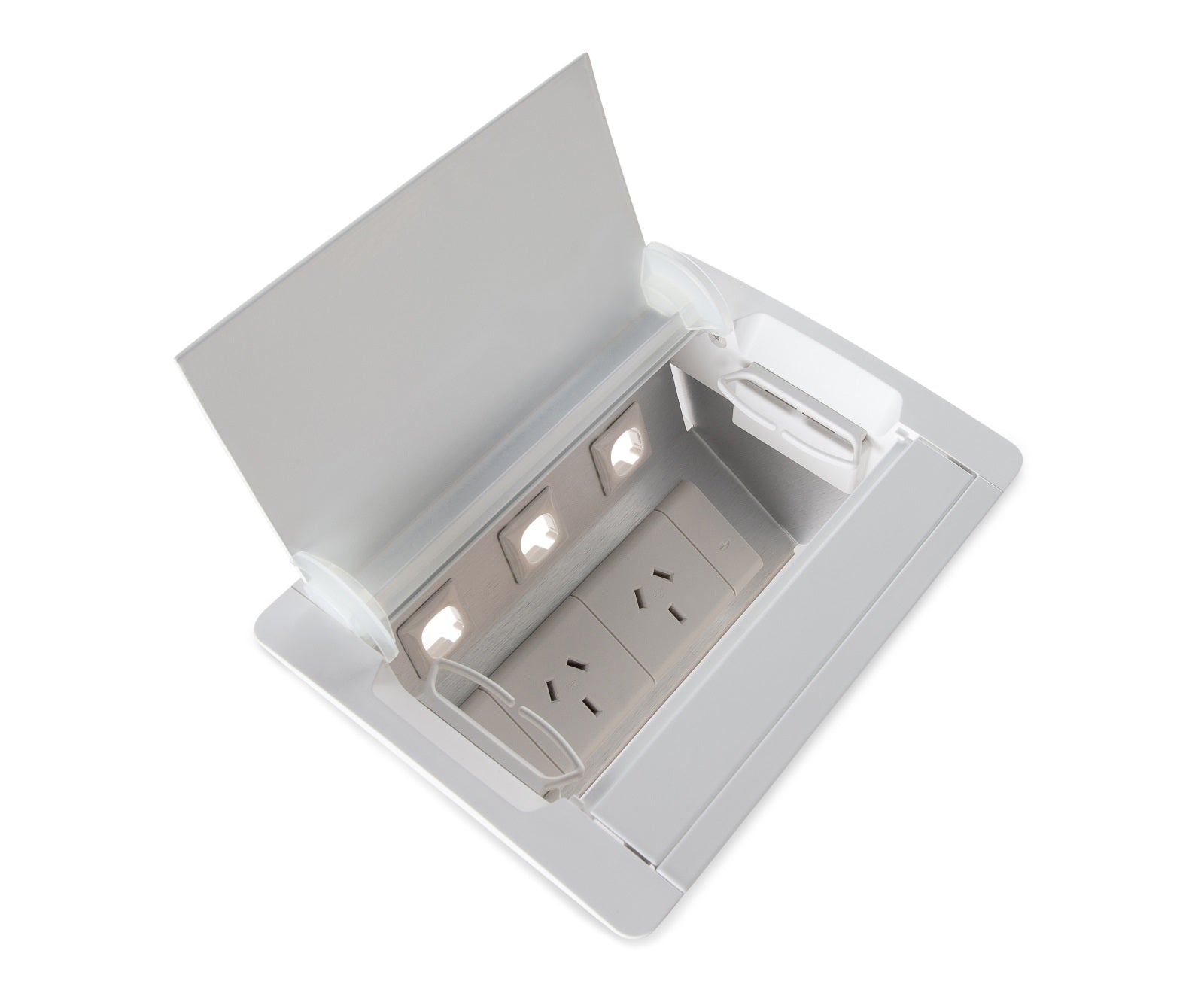 In - Desk Box - ACCEDE: Single Lid, 2 (Double) GPO'S & 3 (Triple) Data Ports - The Softwiring Shop - Electrical Soft Wiring