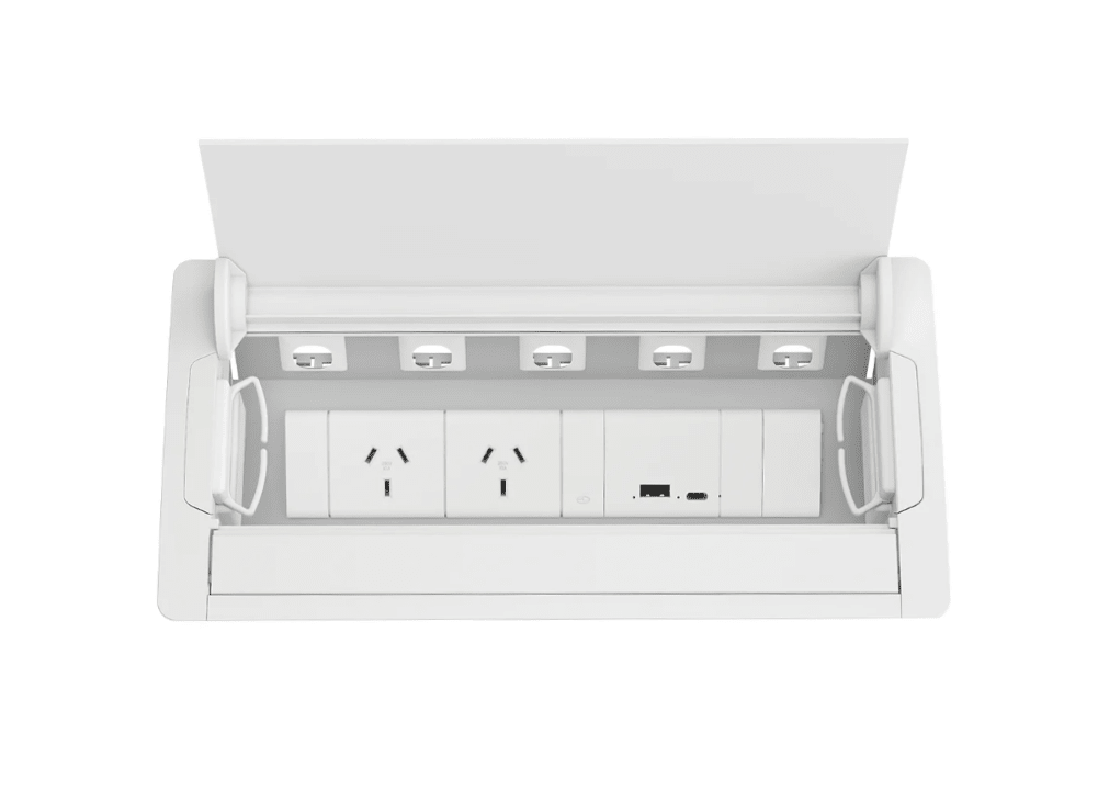 In - Desk Box - ACCEDE: Single Lid, 2 (Double) GPO'S, USB A/C Fast - Charging Outlets & 5 Data Ports - The Softwiring Shop