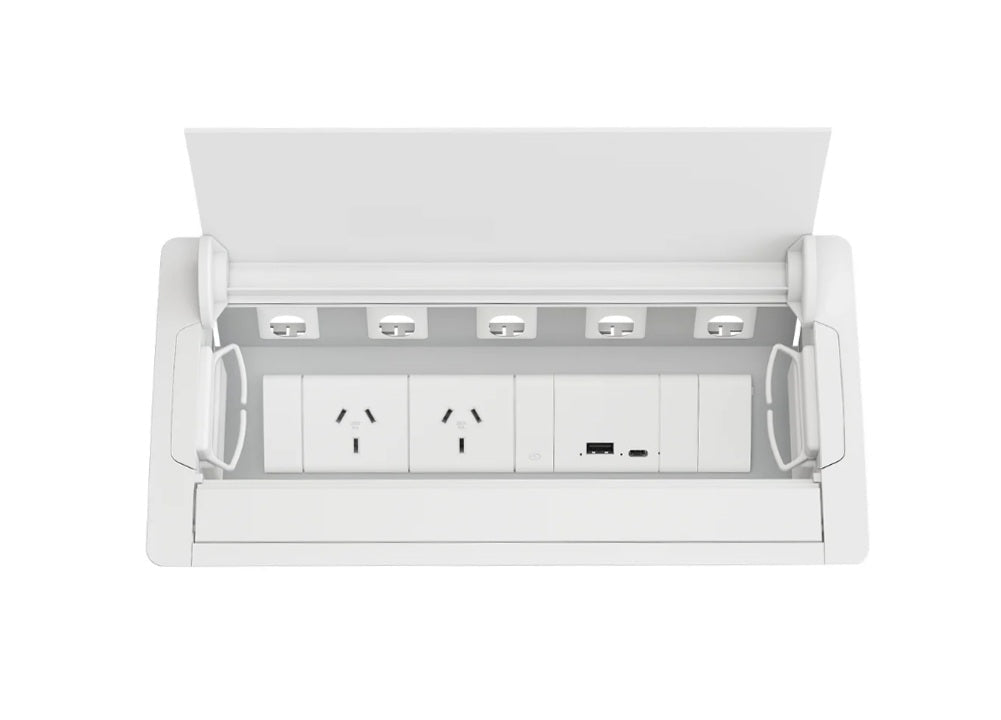 In - Desk Box - ACCEDE: Single Lid, 2 (Double) GPO'S, USB A/C Fast - Charging Outlets (65W Shared) & 5 (Five) Data Ports and D Splitter - The Softwiring Shop - Electrical Soft Wiring