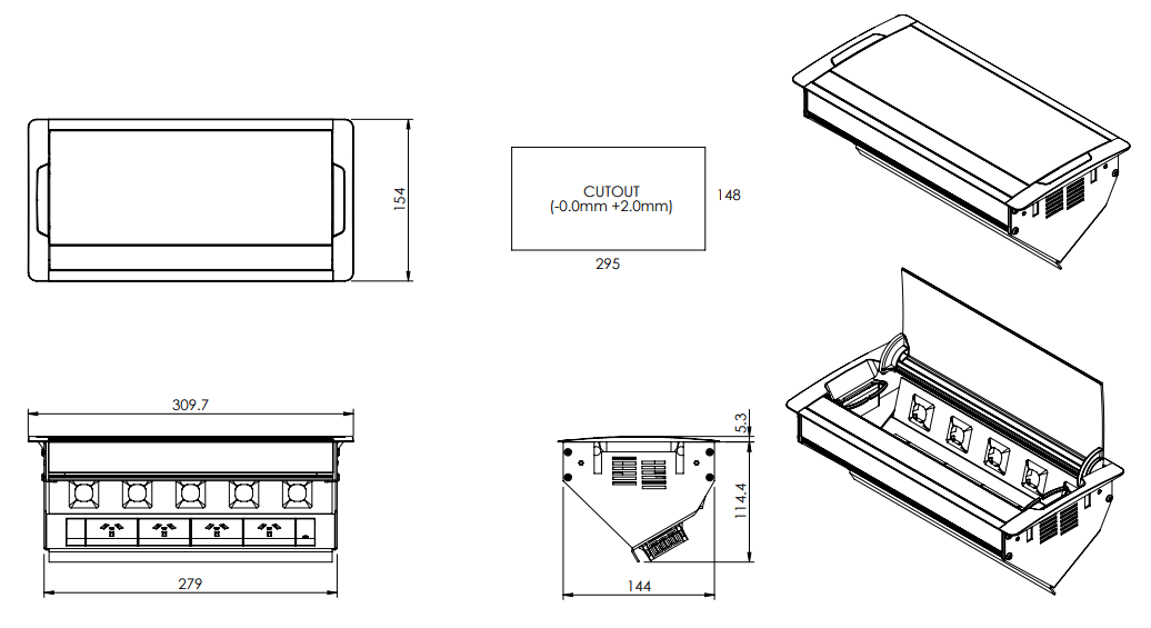 In - Desk Box - ACCEDE: Single Lid, 4 (Quad) GPO'S & 5 (Five) Data Ports - The Softwiring Shop - Electrical Soft Wiring