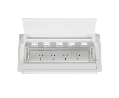 In - Desk Box - ACCEDE: Single Lid, 4 (Quad) GPO'S & 5 (Five) Data Ports - The Softwiring Shop - Electrical Soft Wiring