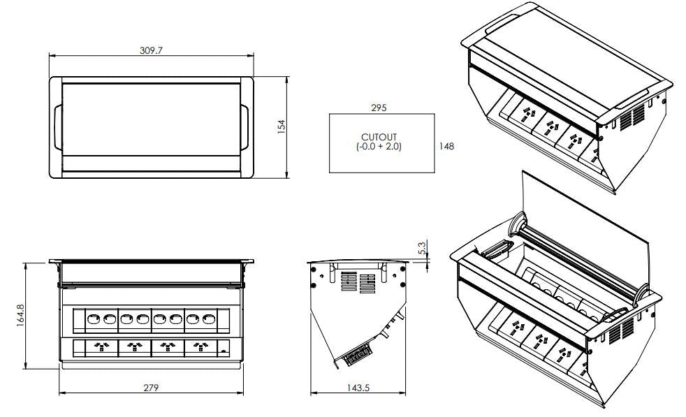 In - Desk Box - ACCEDE: Single Lid, 4 (Quad) GPO'S & 8 (Eight) Data Ports - The Softwiring Shop - Electrical Soft Wiring