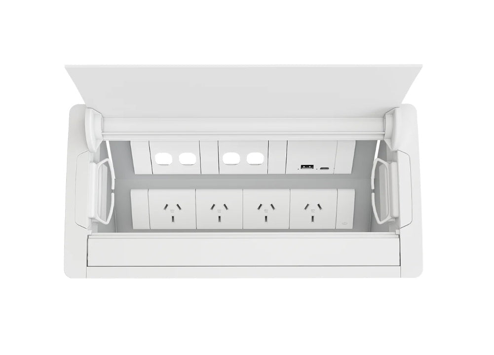 In - Desk Box - ACCEDE: Single Lid, 4 (Quad) GPO'S, USB A/C (65W) Fast - Charging Outlets & 4 Data Ports - The Softwiring Shop - Electrical Soft Wiring