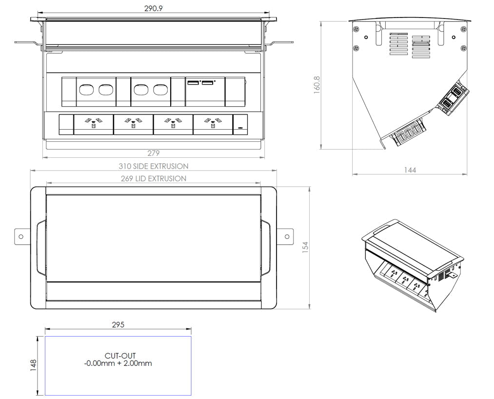 In - Desk Box - ACCEDE: Single Lid, 4 (Quad) GPO'S, USB A/C Fast - Charging Outlets & 4 Data Ports - The Softwiring Shop - Electrical Soft Wiring