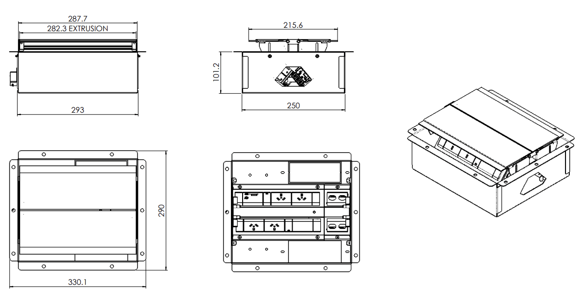 In - Desk Box - EXECUTIVE: Dual Lid, 4 (Quad) GPO'S & USB A/C & 4 (Four) Data Ports - The Softwiring Shop - Electrical Soft Wiring