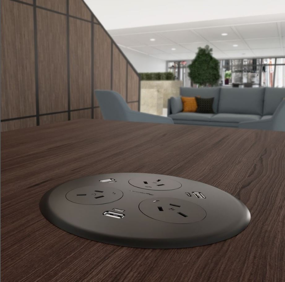 In - Desk Module - BLINKY: 3 (Triple) GPO'S & 3 (Triple) USB A/C Fast - Charging Outlets with 1500mm 3 - Pin Plug Lead - The Softwiring Shop - Electrical Soft Wiring