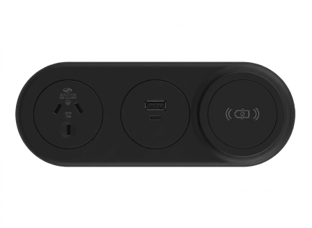 In - Desk Module - ECHO: 1 (Single) GPO, USB A/C & Magsafe WIRELESS Fast - Charging Outlets with 1000mm Tag Lead and D Splitter - The Softwiring Shop - Electrical Soft Wiring