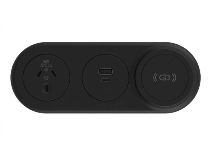 In - Desk Module - ECHO: 1 (Single) GPO, USB A/C & Magsafe WIRELESS Fast - Charging Outlets with 1000mm Tag Lead & D Splitter