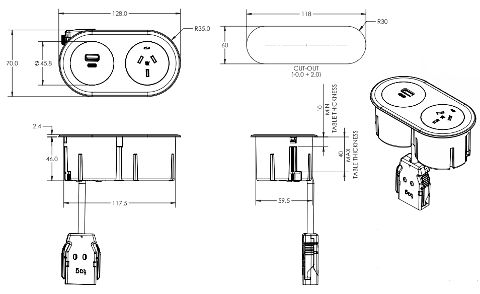 In - Desk Module - ECHO: 1 (Single) GPO, USB A/C PD & 1000mm Tag Lead - The Softwiring Shop - Electrical Soft Wiring