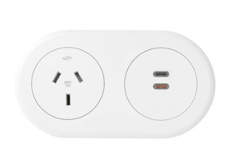In - Desk Module - ECHO: 1 (Single) GPO, USB C/C (65W) PD Fast - Charging Outlets with 1000mm Tag Lead and D Splitter - The Softwiring Shop - Electrical Soft Wiring