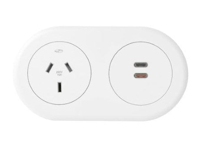 In - Desk Module - ECHO: 1 (Single) GPO, USB C/C (65W) PD Fast - Charging Outlets with 1000mm Tag Lead and D Splitter - The Softwiring Shop - Electrical Soft Wiring