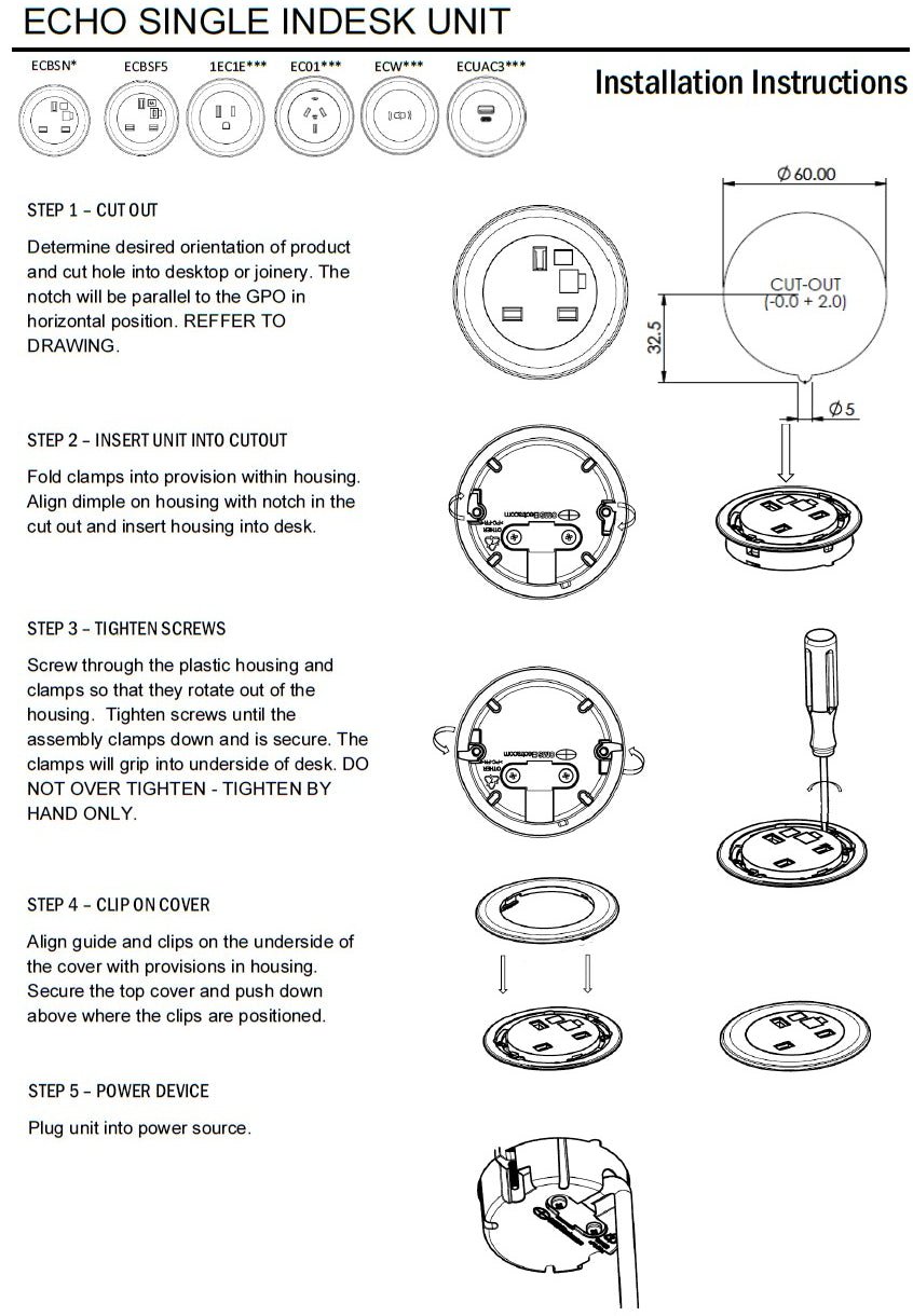 In - Desk Module - ECHO: 1 (Single) GPO with 1500mm Lead and 3 - Pin Plug Lead - The Softwiring Shop - Electrical Soft Wiring