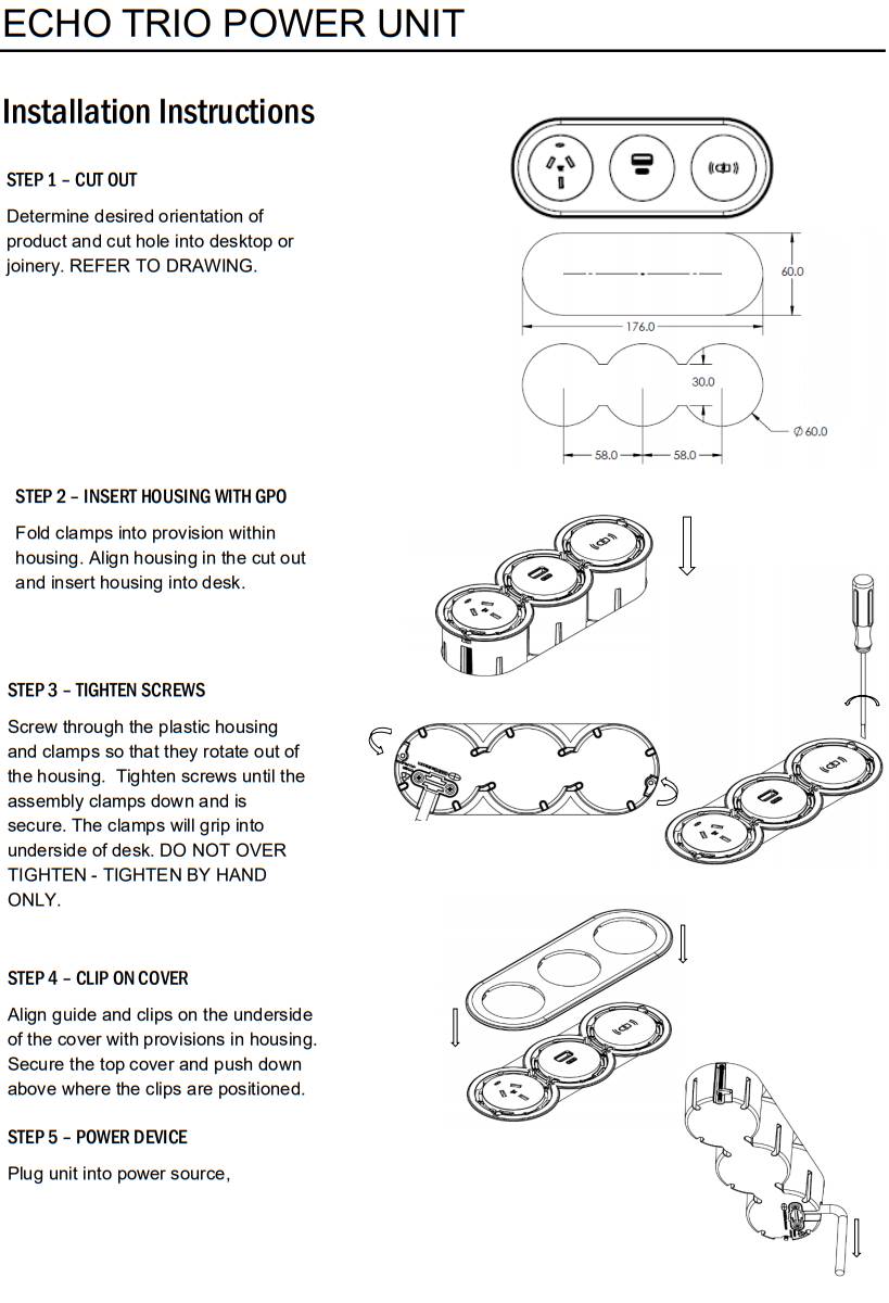 In - Desk Module - ECHO: 3 (Triple) GPO'S, 1500mm Lead with 3 - Pin Plug Lead - The Softwiring Shop - Electrical Soft Wiring