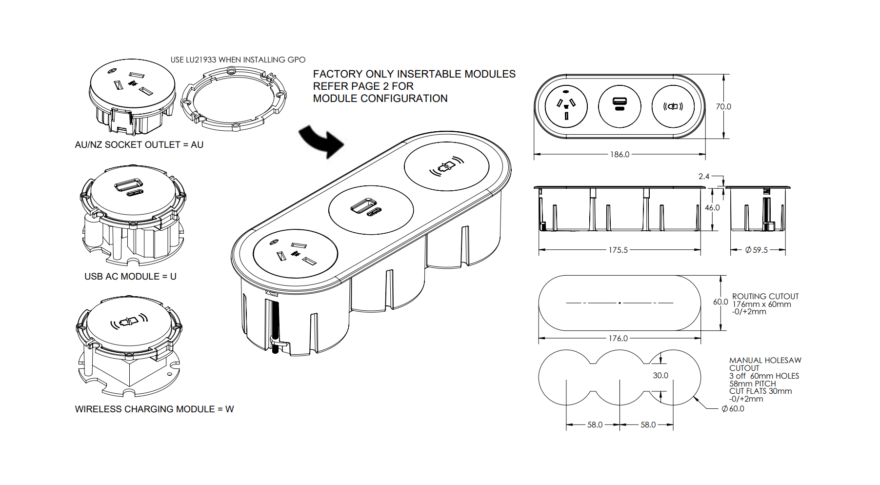 In - Desk Module - ECHO: 3 (Triple) GPO'S, 1500mm Lead with 3 - Pin Plug Lead - The Softwiring Shop - Electrical Soft Wiring