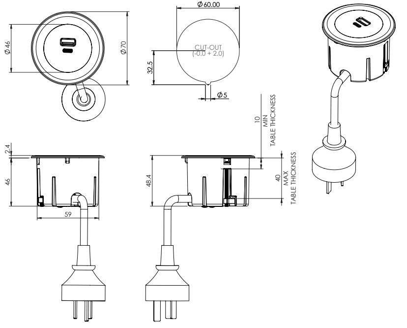 In - Desk Module - ECHO: USB A/C with 1500mm 3 - Pin Plug Lead - The Softwiring Shop - Electrical Soft Wiring