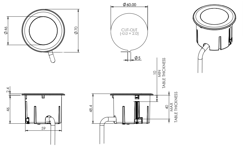 In - Desk Module - ECHO: USB A/C Fast - Charging Outlets with 500mm Tag Lead and T Splitter - The Softwiring Shop - Electrical Soft Wiring