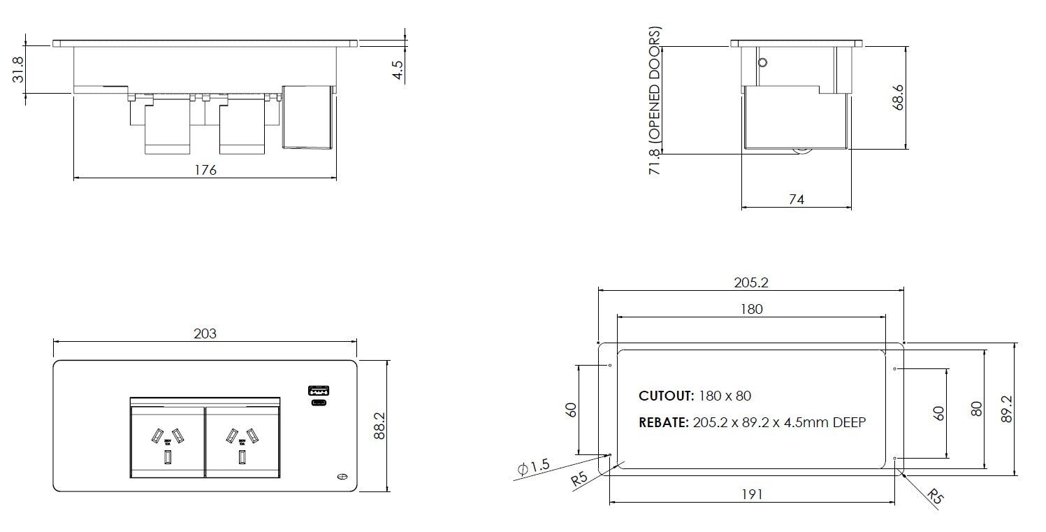 In - Desk Module - FLIP - Flush Mount - : 2 (Double) GPO'S and USB A/C Outlets - The Softwiring Shop - Electrical Soft Wiring