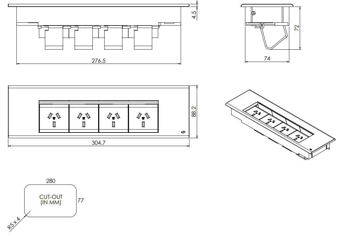 In - Desk Module - FLIP Surface Mount: 4 (Quad) GPO'S - The Softwiring Shop - Electrical Soft Wiring