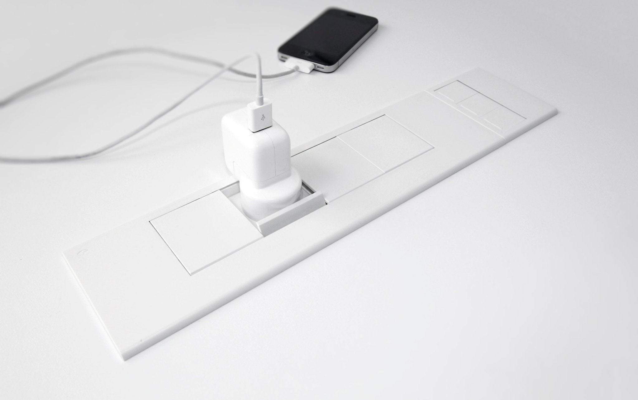 In - Desk Module - FLIP Surface Mount: 4 (Quad) GPO'S and 3 (Triple) Data Ports (Retractable Cover) - The Softwiring Shop - Electrical Soft Wiring