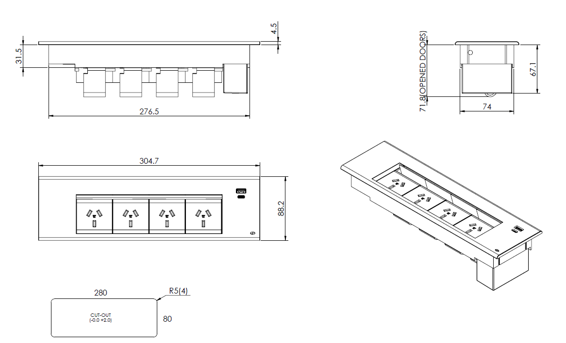 In - Desk Module - FLIP Surface Mount: 4 (Quad) GPO'S and USB A/C Outlets - The Softwiring Shop - Electrical Soft Wiring