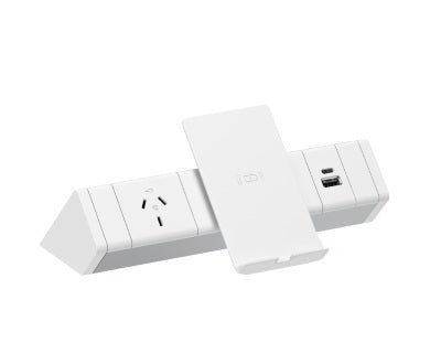 Power Rail - ATHENA 2: 1 (Single) GPO, Wireless Charger Stand & USB A/C (100W) Fast - Charging Outlets with 1000mm Tag Lead and D Splitter - The Softwiring Shop - Electrical Soft Wiring