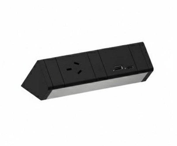 Power Rail - ATHENA 2: 1 (Single) ROTATED GPO & USB A/C Fast - Charging Outlets with 1000mm Tag Lead and D Splitter - The Softwiring Shop - Electrical Soft Wiring