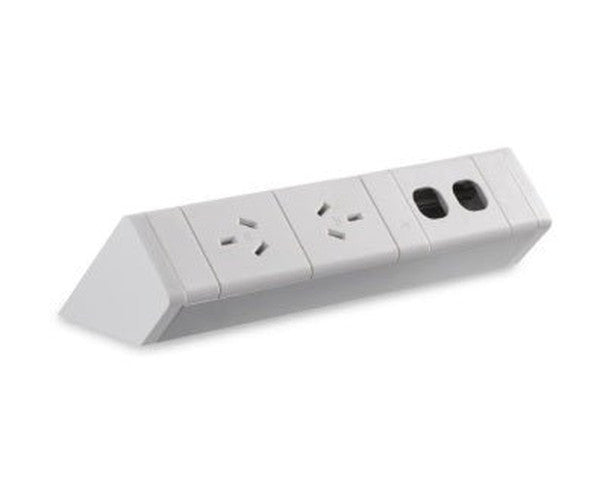 Power Rail - ATHENA 2: 2 (Double) ROTATED GPO'S & 2 (Double) Data Ports with 1000mm Tag Lead and D Splitter - The Softwiring Shop - Electrical Soft Wiring