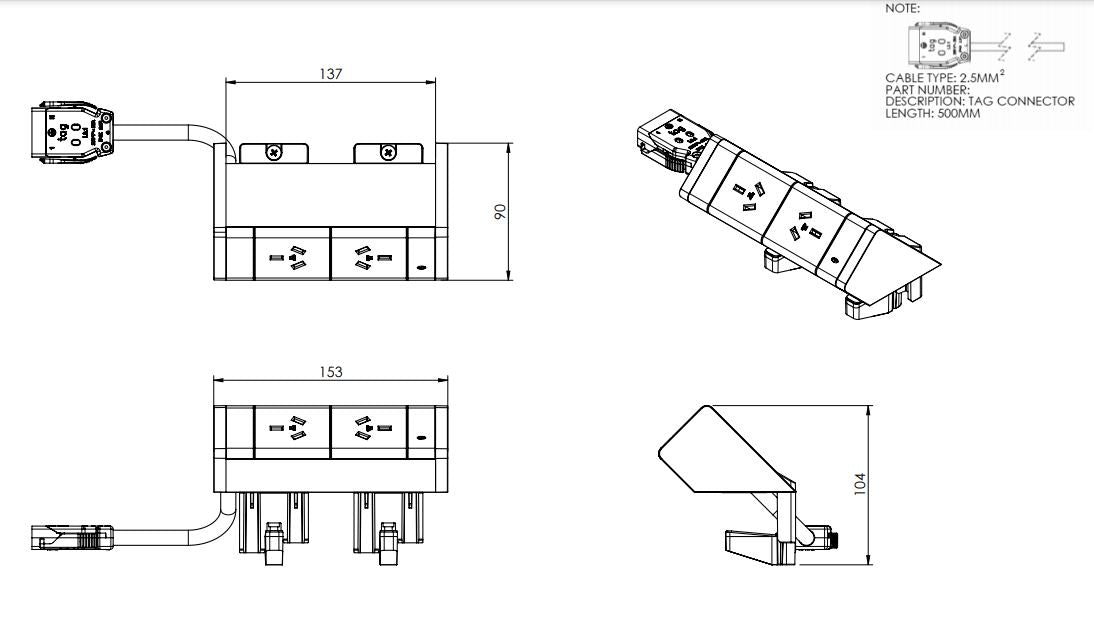 Power Rail - ATHENA 2: 2 (Double) ROTATED GPO'S with 1000mm Tag Lead and D Splitter - The Softwiring Shop - Electrical Soft Wiring