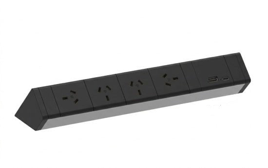 Power Rail - ATHENA 2: 4 (Quad) ROTATED GPO'S & USB A/C Fast - Charging Outlets with 1000mm Tag Lead and D Splitter - The Softwiring Shop - Electrical Soft Wiring