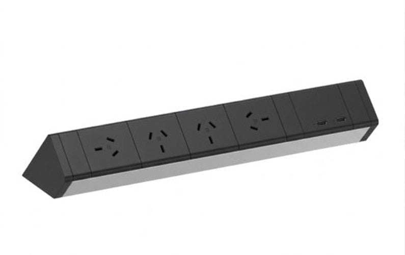 Power Rail - ATHENA 2: 4 (Quad) ROTATED GPO'S & USB C/C Fast - Charging Outlets with 1000mm Tag Lead and D Splitter - The Softwiring Shop - Electrical Soft Wiring