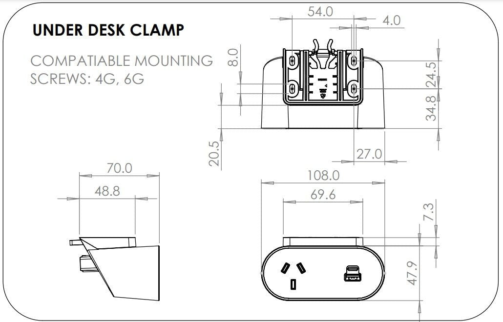 Undermount Rail - NOVA DUO: 1 (Single) GPO, USB A/C Fast - Charging Outlets with 1000mm Tag Lead and D Splitter - The Softwiring Shop - Electrical Soft Wiring